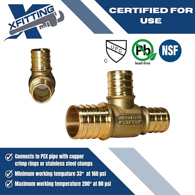 XFITTING 1 inch x 3/4 inch x 3/4 inch Pex Reducing Tee, Pex B Crimp Version 25-1-7=25X, 25 Pieces