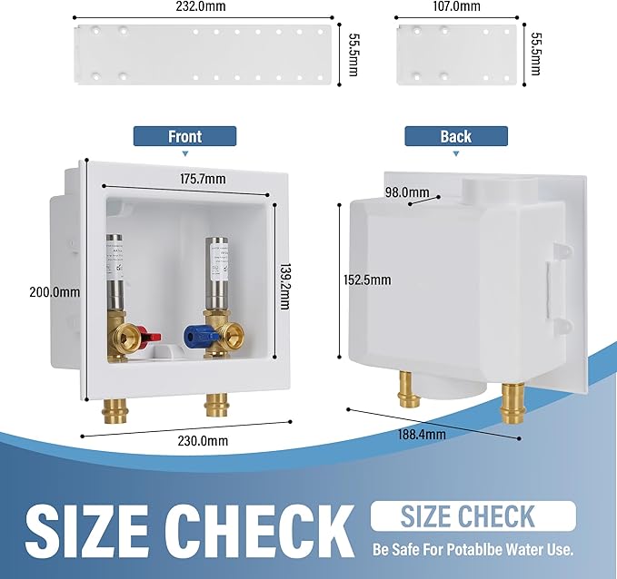 Press Washing Machine Outlet Box with Stainless Steel Water Hammer Arrestor, with Center Drain, 1/2 Inch Press x 3/4 Inch MHT, Washer Faucet Recessed Box, Laundry Washer Valve Outlet Box