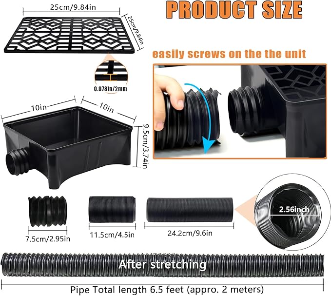 Rain Gutter Downspout Extensions with 10×10in Catch Basin, Low-Profile Downspout Extender, Flexible Drainage Pipe Extends to 6.5ft, French Drain Kit & Rainwater Diverter for Foundation Protection