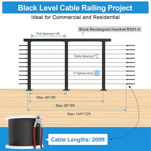 36" Cable Railing Post Kits, Flat Top Cable Post System Includes 3Pack Updated 35" Level Drilled Posts, 1/8" Black Wire Rope with Cutter, Swageless Cable Railing Tensioner System Kit, RG31