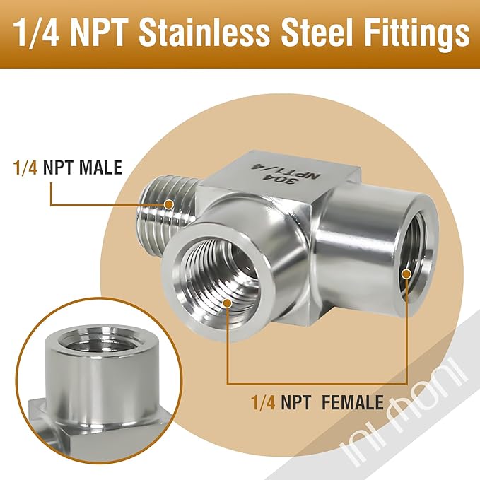 3 way tee pipe fitting 1/4 NPT male run tee, 304 stainless steel T adapter, street pipe connector for vacuum chamber/pressure gauge, 4350 psi