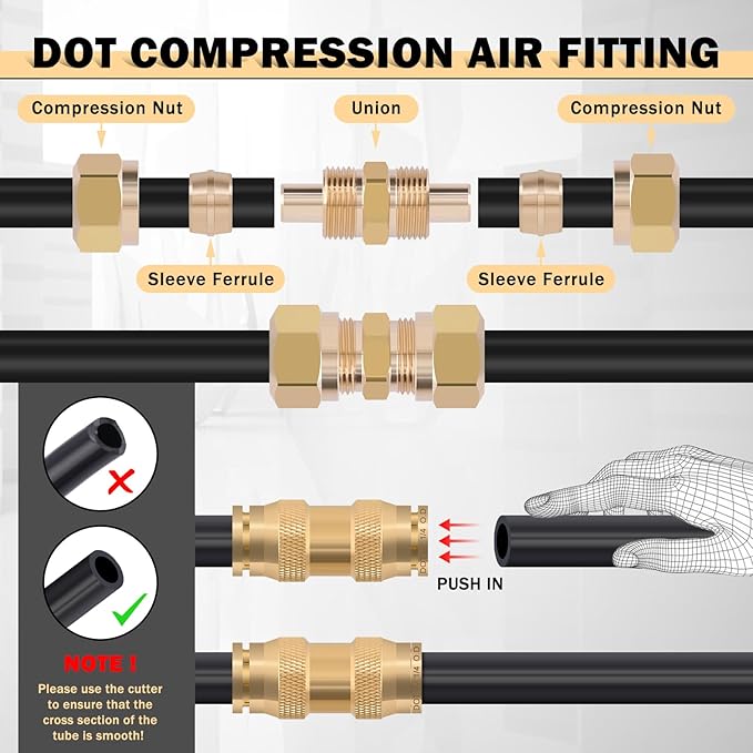 CheeMuii 100 PCS Brass DOT Air Line Fittings with 100FT 1/4" and 100FT 3/8" DOT Air Line Kit Push Lock Air Fitting Quick Connect & NPT Thread Fittings with Pneumatic Tubing