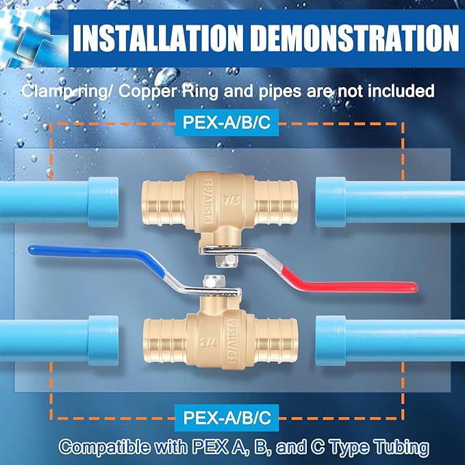 F1807 3/4" Pex Ball Valve, Brass Full Port Water Shut Off Ball Valve for Hot and Cold Water (2-Pack), UPC Certified