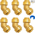 SUNGATOR 3/4 Inch 45 Degree Elbow, No Lead Brass Push to Connect Plumbing Fittings to Connect PEX Pipe, Copper, CPVC, PE-RT, with 1 Disconnect Clip, Pack of 6