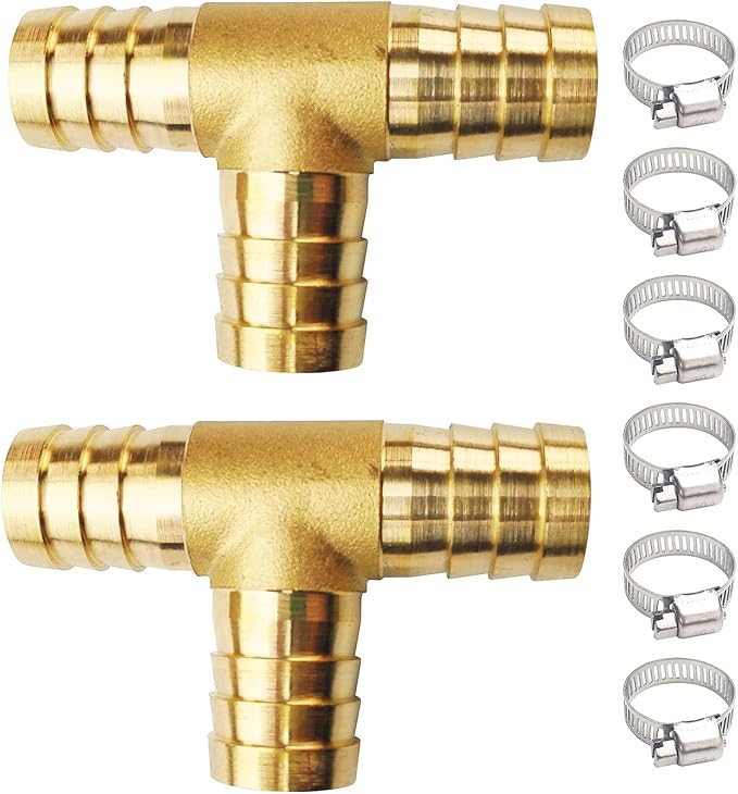 2PCs 3/4" Brass Hose Barb Fitting Tee 3 way Barbed Splicer Mender Union Fitting with 6PCs Hose Clamp for Oil Water Air