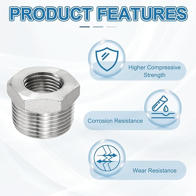PATIKIL 304 Stainless Steel Reducer Hex Bushing 2 Pcs, 1" BSPT Male to 1/2" BSPT Female Pipe Reducing Adapter Fitting Connector for Water Gas Hydraulic Pipes Shower Hose, Silver