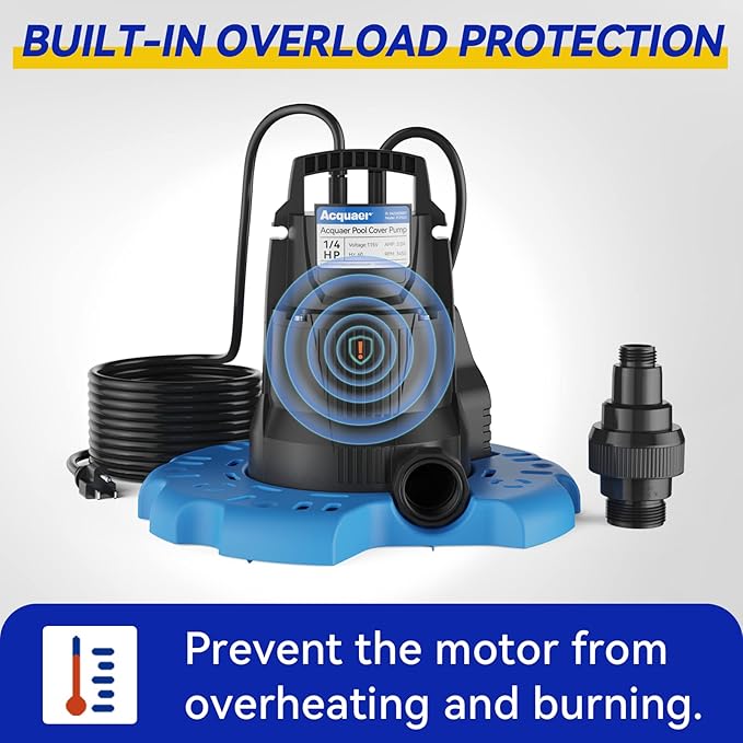 Acquaer 1/3 HP Automatic Swimming Pool Cover Pump, 2950 GPH Submersible water pump with 3/4” Check Valve Adapter & 25ft Power Cord, Water Removal for Pool, Hot Tubs, Rooftops, Water Beds and more