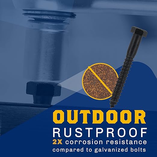 1/2" x 8”, 12-Piece Black Lag Bolt, Rustproof 4-Layer Ceramic BLAKOTE, 2X Protection of Galvanized Lag Screws, for Decks Pergolas by Makers Bolt