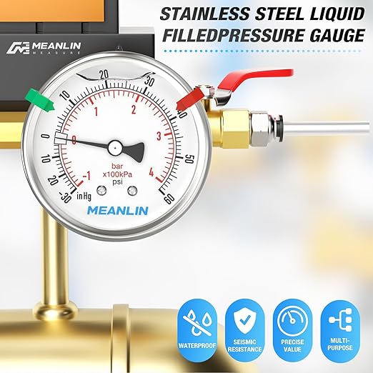 MEANLIN MEASURE -30inHG~60Psi Vacuum Pressure Gauge 316 Stainless Steel Joint 1/4" NPT 2.5" FACE DIAL, Stainless Steel Liquid Filled Pressure Gauge WOG Water Oil Air Back Mount, 2PCS Snaps