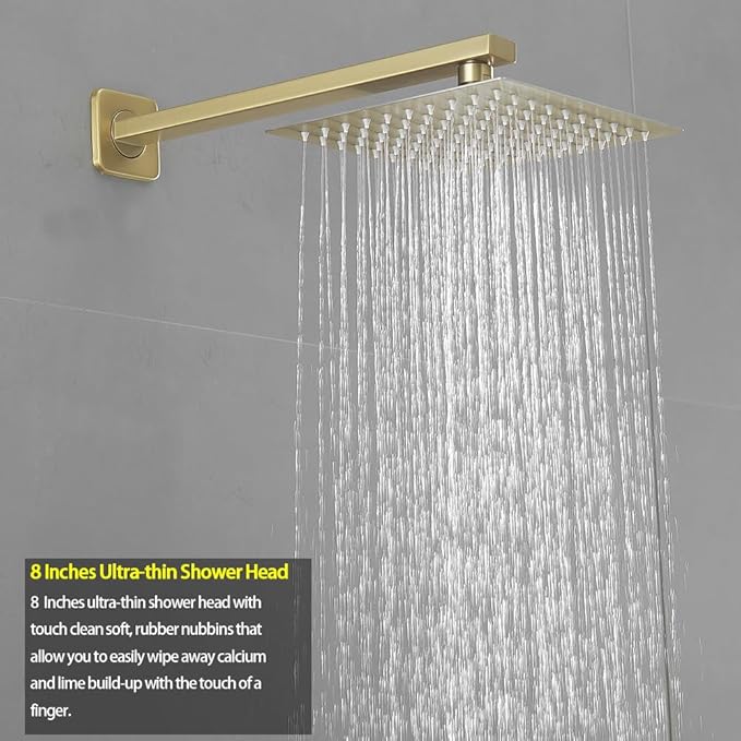 Brushed Gold Shower Faucet Set, Single Function Shower Trim Kit with Rough-in Valve, Square Rain Shower Head System Included Extra Long Shower Arm for Bathroom