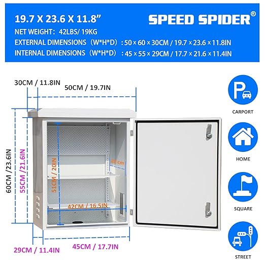 Outdoor Electrical Enclosure Equipment Box - 19.7 * 23.6 * 11.8" Universal IP Waterproof Box,Galvanized Plate Electrical Enclosure,with Removable Mounting Plate and Muffin Fan Vent((50 * 60 * 30cm)
