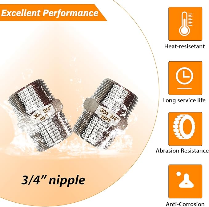 4PCS Hex Stainless Steel Nipple 3/4"NPT Male X 3/4" NPT Male Pipe Fitting 3/4 inch Stainless Steel Pipe Nipples Male Pipe Adapter Fittings Heavy Equal Nipples Connectors