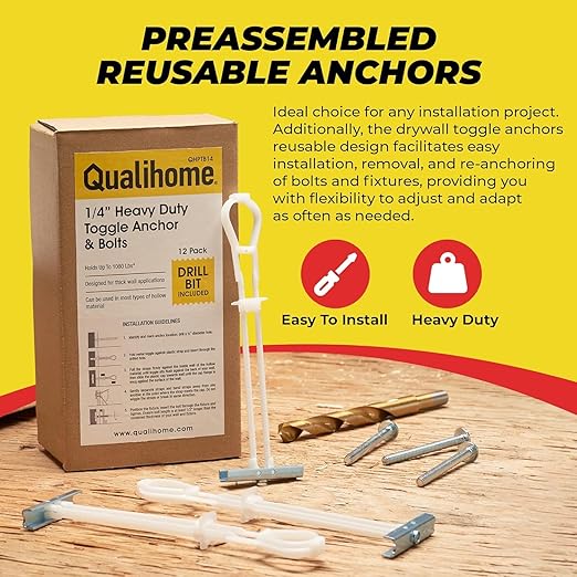 1/4”-20 Quick Easy Heavy Duty Toggle Anchors with Bolts - Hollow Wall Anchors with Steel Wings, Adjustable Up to 2 1/2" Thick Wall, Holds Up to 1080 Lbs, Heavy Duty Drill Bit Included (12 Pack)