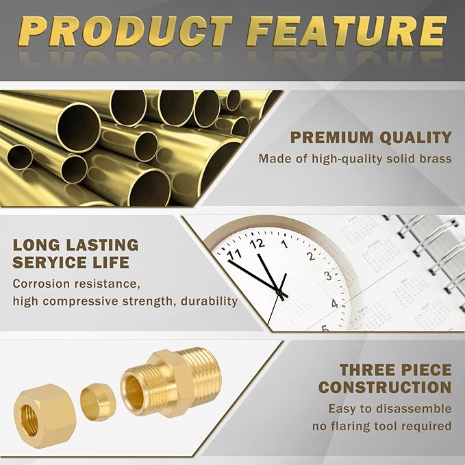 Brass Compression Tube Fitting, Straight Coupling Adapter, 10 PCS 1/4" OD x 1/4" NPT Male Union Connector 1/4" OD Compression x 1/4" NPT Male & 10 PCS Compression Sleeves Ferrules