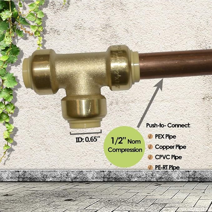 HQMPC 1/2" Pex Fitting Pex Tee 6pcs Push Fit Plumbing Tee, Push-to-Connect Plumbing Fittings, Brass Pipe Connector T Fittings for Copper, PEX, CPVC, No Pb (6, 1/2 Inch)