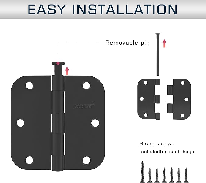 30 Pack Matte Black Door Hinges 3.5 Inch, 5/8" Radius Rounded, Standard Residential for Doors 3 ½",Sturdy Hinges, Interior Hinges