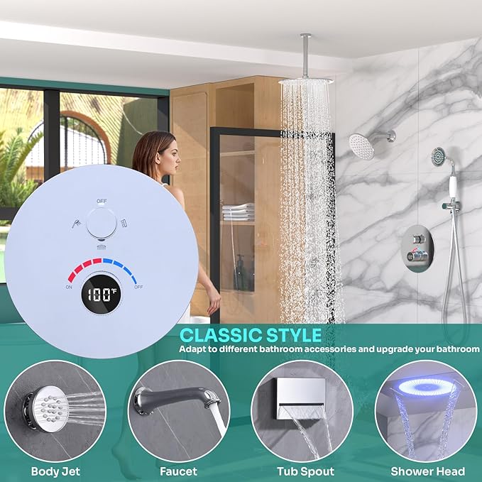 Temperature Display Shower Valve 3 Way Brass Rough-in Mixer and Round Trim Kit, Triple Function Digital Shower Diverter, Chrome