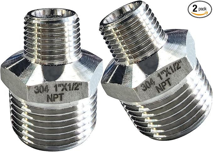 2pcs 1" NPT x 1/2" NPT Stainless Steel Nipple, 1" to 1/2 Adapter Fitting Reducing Solid Hex Stainless Steel Nipple, Male Reducer for Extending and Connecting Pipes