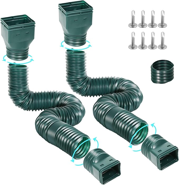 Flexible Gutter Downspout Extensions, Connectable Downspout Extender with 58"+ 67" Extendable Pipe, Thickened Down spout Drain Extension for Rainwater Drainage(2 Pack, Green)