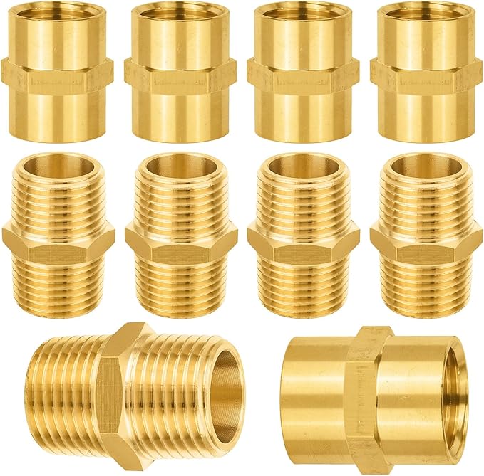 10-PCs HeSun Brass Pipe Fittings Combo, 5-PCs 1/2" NPT Male + 5-PCs 1/2" NPT Female Hex Nipple Adapter