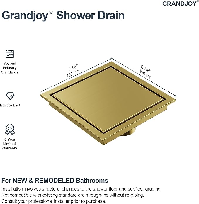 6 Inch Square Shower Floor Drain, Brushed Gold SUS304 Stainless Steel Grid Grate with X-Shaped High Flow Channel, Anti-Clogging Hair Strainer, Standard 2" Outlet