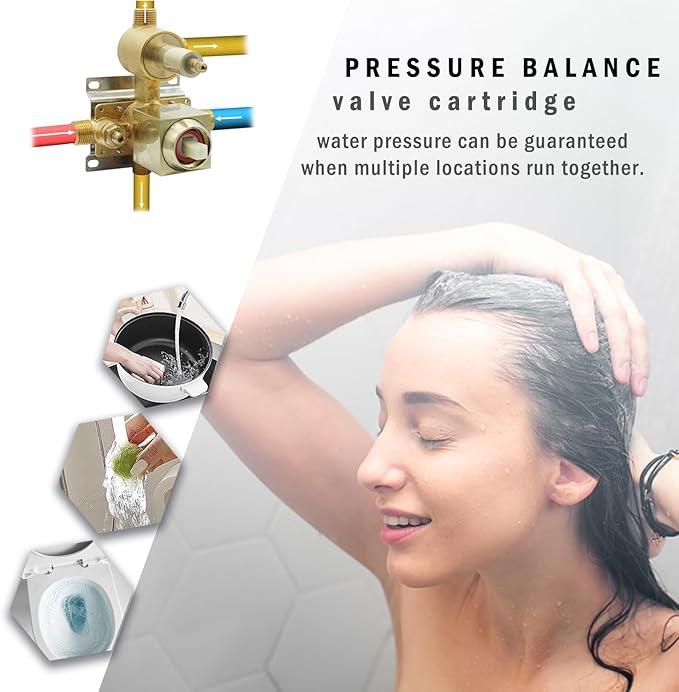 Brushed Gold 3 Way Shower Valve, Concealed Brass 3 Outlet Function Shower Diverter Valve Flow Control Mixer Mixing Rough-In Shower Valve Kit
