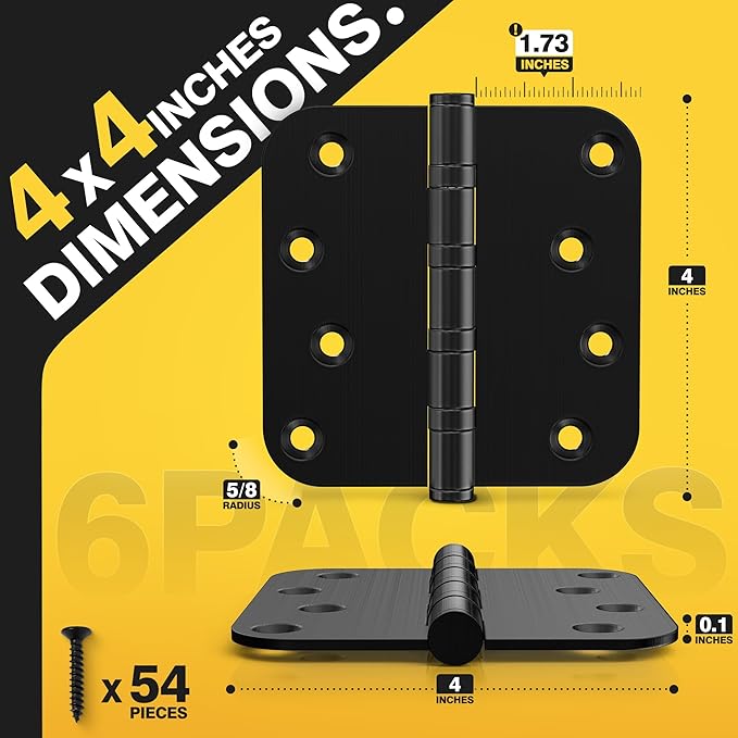 KOLET Ball Bearing Door Hinges, 4 x 4 Inches Black Door Hinges, Heavy Duty Stainless Steel Hinges, 5/8'' Radius Corner, Smooth and Quiet, Non Removable Pin, Matte Black, 6 Pack