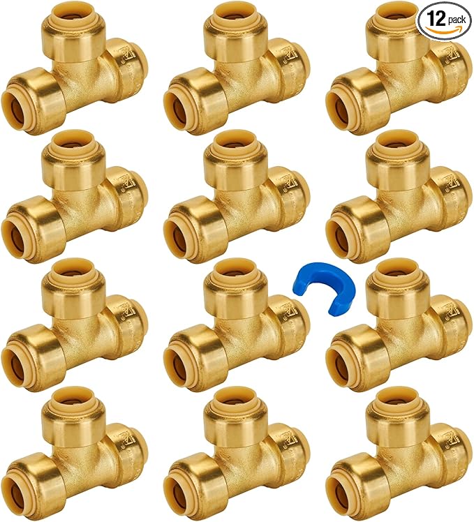 SUNGATOR 1/2 Inch Tee, Push Pex Tee Plumbing Fittings 1/2 Inch, No Lead Brass Push-to-Connect T Plumbing Fittings for PEX Pipe, Copper, CPVC, with 1 Disconnect Clip, Pack of 12