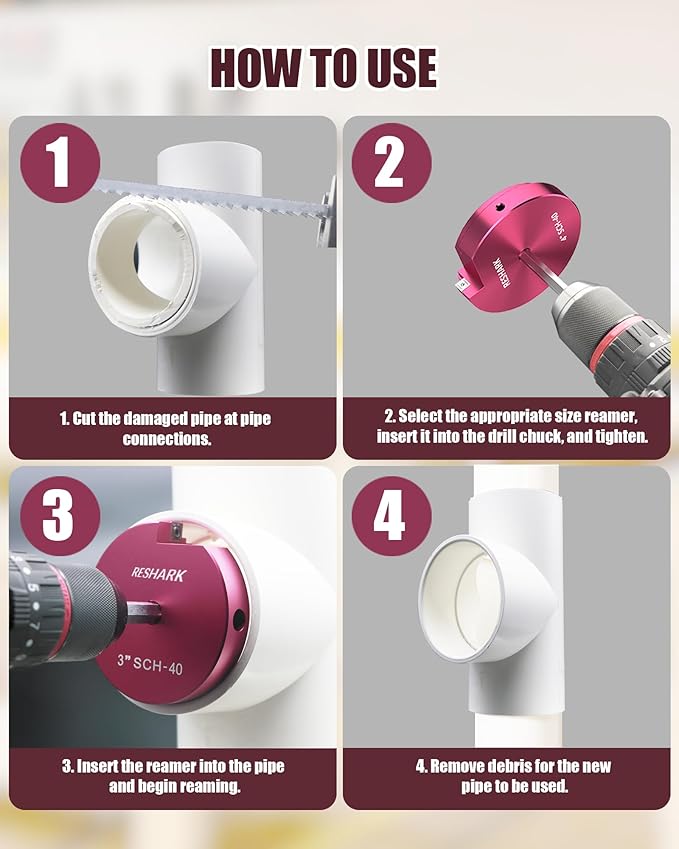 4 Pcs PVC Pipe Reamer Kit, PVC Fitsting Saver, Plastic Pipe Fitsting Reamer Socket Saver Plumbing Tool Includes 1'', 1 1/4'', 1 1/2'', 2'' for Schedule 40 Fits Standard 1/2" Drill
