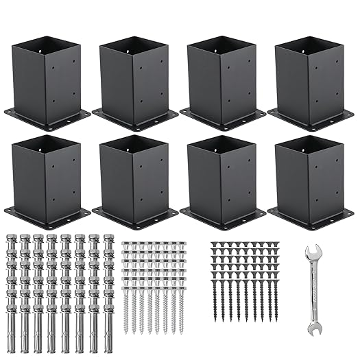 4x4 Post Base 8 Pcs, (Inner Size 3.6x3.6) Post Anchors, 13GA Thick Solid Steel & Black Powder Coated,Deck Post Brackets Support Deck Base Plate Pergola Brackets Fence Kit Mailbox Mount…