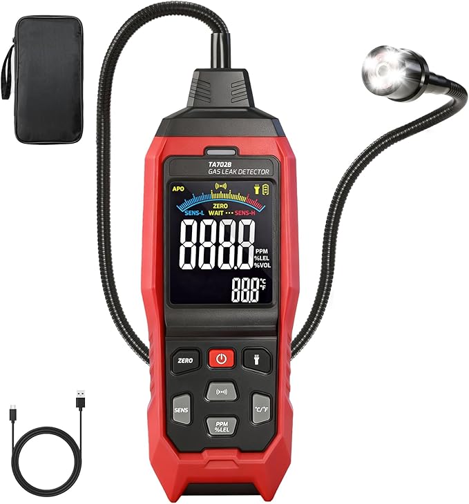 Gas Leak Detector with Flashlight Gooseneck, Rechargeable Natural Gas Leak Detector with LED Digital, Alert, Locating The Source Like Propane, Methane, LPG and Butane for Industrial, Home Kitchen RV