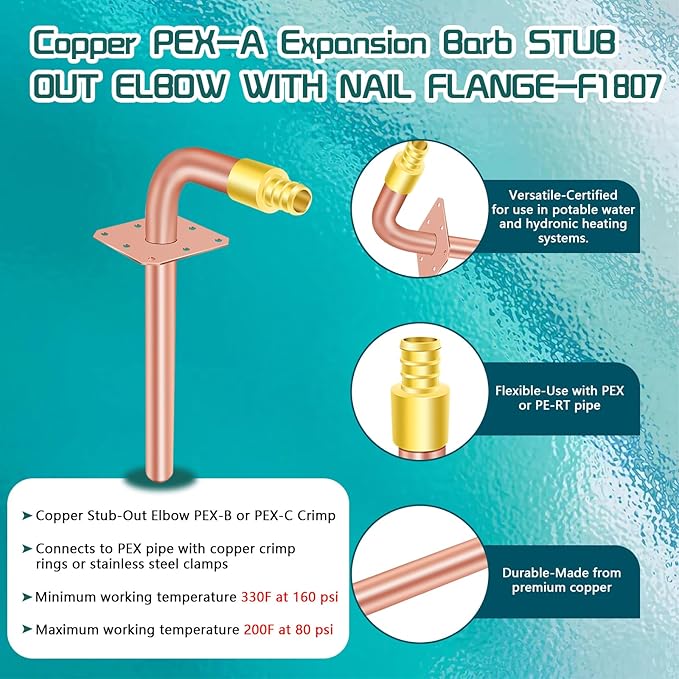 Boltigen 1/2" PEX Copper Stub Out Elbow 5-Pack with Wall Flange - 6 Inch, F1807 Certified with Stainless Steel Crimp Clamps for PEX-B/C Systems