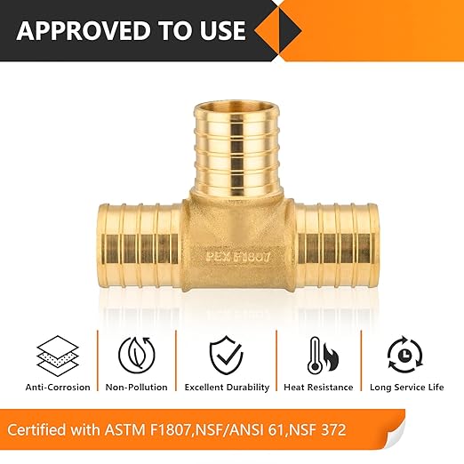 100-Pack HeSun PEX Fittings, 1"x1"x1" Pex Tee, Brass Crimp Fitting for ASTM F1807(PEX1807074-100)
