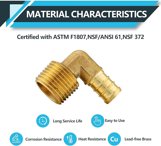 (20-Pack) PEX Fittings, Pex 1/2" x 3/4" Male Threaded NPT Elbow Adapter, Brass Crimp Fittings, for PEX Tubing Pipe Plumbing, ASTM F1807(PEX1807103-20Pack)
