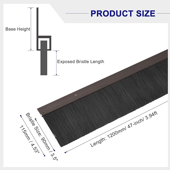 uxcell 2Pcs Door Brush Bottom Sweep H-Shape Aluminum Alloy Base with 3.5-inch PP Brush for Home, Industrial (47-inch L, Brown)