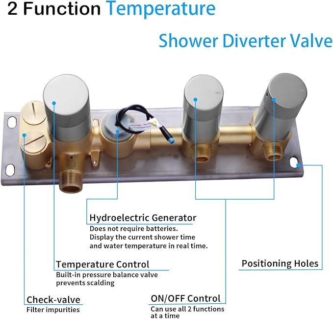 2 Function Shower Diverter with Temperature Display Solid Brass Shower Mixer Valve Pressure Balancing and Flow Control Bathroom Shower Diverter Valve,Brushed Nickel