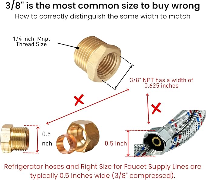 3/8 Inch Male x 1/4 Inch Female Reducing Adapter, NPT Brass Hex Bushing, Hex Head Pipe Fitting, Thread 0.625" OD × 0.5" ID, (Pack of 5)