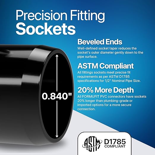 FORMUFIT 1/2” 3-Way Elbow Furniture Grade PVC Fitting in Black, Made in USA, UV-Resistant, Impact-Proof, 0.840” Actual Socket Diameter (Pack of 10)