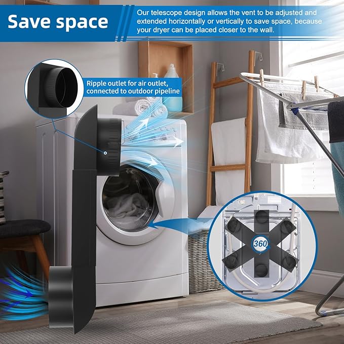 OEM Upgraded Periscope Dryer Vent (DIY) Design 6.5"&12" Adjustable length for Tight Spaces, compact dryer vent,Includes 1 Rolls Foil Tape(stainless steel Black) Renovation of laundry room space