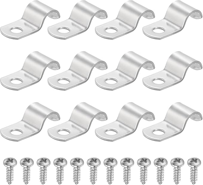 uxcell 12Pcs 10mm(3/8") One Hole Rigid Pipe Strap, 304 Stainless Steel Conduit Clamp Thicken U Bracket Heavy Duty Pipe Clamp with Self-Tapping Screws for Fixing Tube Cable, Silver