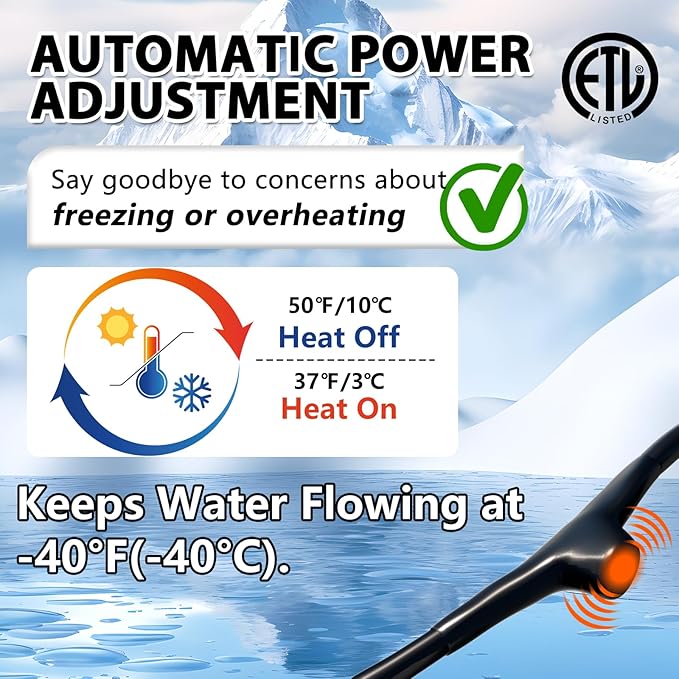HEATIT 60ft Pipe Heat Cables for Metal And Plastic Home Pipes, Energy-efficient, Self-Regulating Heat Trace Cable for Pipe Freeze Protection, Keeps Water Flowing at -40°F, ETL Listed, 120V JHSF 3W/FT