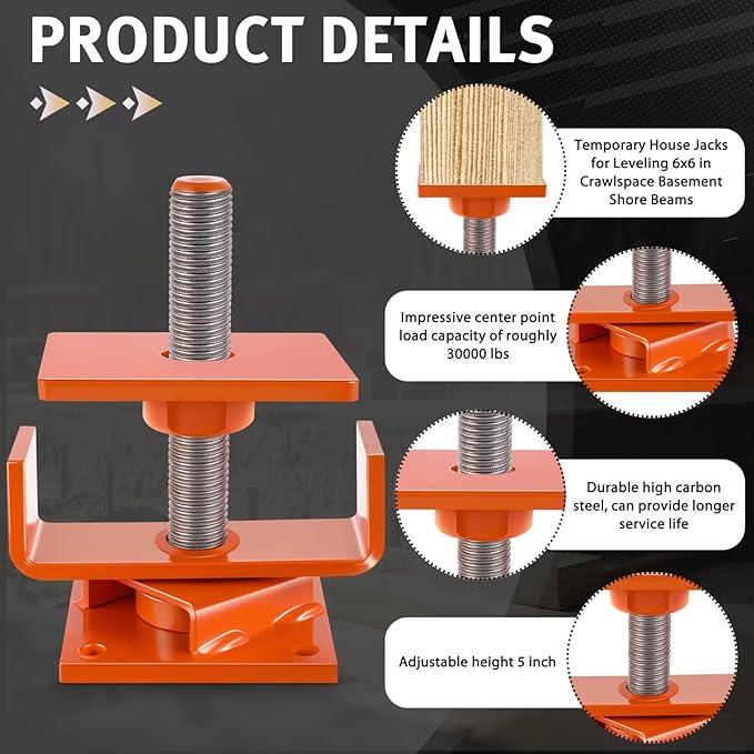 Lasnten 1 Pcs Timber Jack Adjustable Screw Jack Post with 5" Adjustment Range for Crawl Space Shoring Basement Beam Support House Floor Leveling Foundation Joist Lifting(6x6 with 30,000 Lbs Capacity)