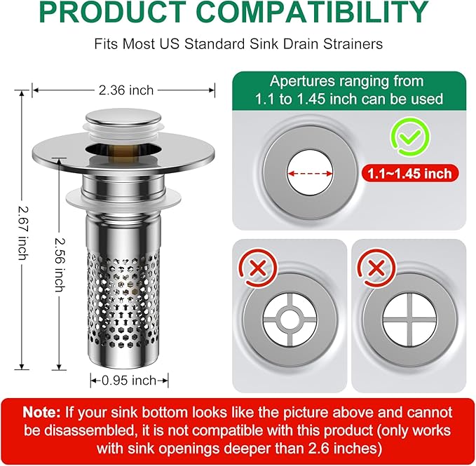Bathroom Sink Drain Strainer,Universal Pop-Up Sink Stopper Hair Catcher, Stainless Steel Anti-Clog Drain Filter Basket, Removable Sink Drain for Bathroom Sink Stopper Replacement (Silver-4pcs)