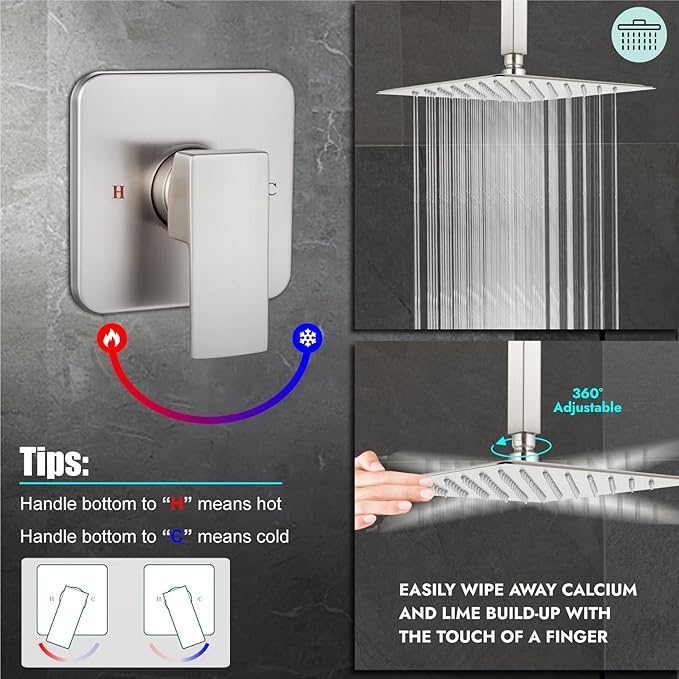Heyalan Shower Faucet Set Square Stainless Steel Bathroom Rainfall Shower System One Handle Single Function Shower Trim Kit with Rough-in Valve Male Thread,Ceiling Mount,12 Inch,Brushed Nickel