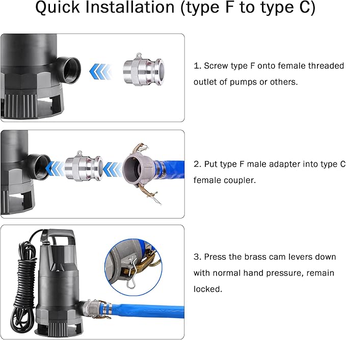 2" ID x 100 ft PVC Lay Flat Discharge Hose with Aluminum Camlock C and E Fittings, Cam Lock Fitting Type F included, Heavy Duty Reinforced Blue Backwash Pump Hoses for Swimming Drain Pools