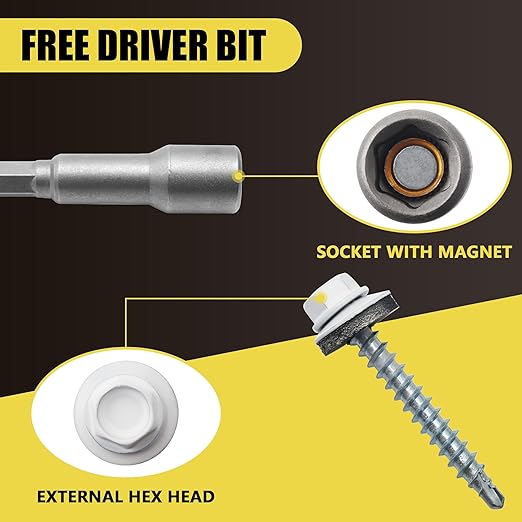 250pcs #10 x 1-1/2" White Hex Head Self-Drilling Metal Roofing Screws, EPDM Washer, Colored Head, Sheet Metal Roof Screw with Hex Driver Bit