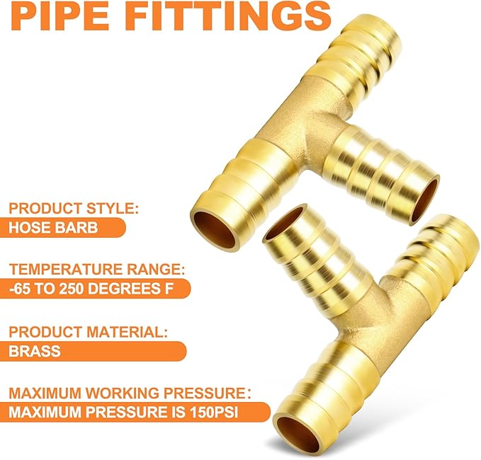 GASHER 20 Pieces Brass Hose Barb Tee, 3-Way Tee Hose Fitting (1/4" x 1/4" x 1/4" Hose Barb)