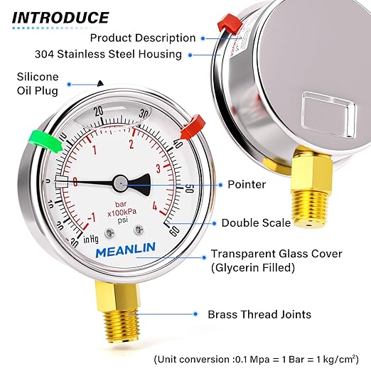 MEANLIN MEASURE -30inHG~60Psi Vacuum Pressure Gauge 1/8" NPT 2.5" FACE DIAL, Stainless Steel Liquid Filled Pressure Gauge WOG Water Oil Air Lower Mount (with 2PCS Snaps)