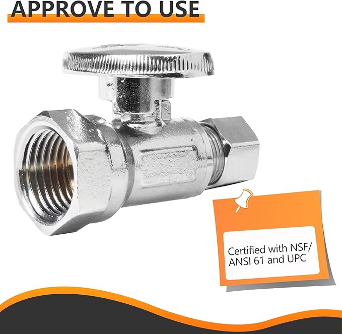 100-PCs HeSun Straight Stop Valve, 1/2" FIP X 3/8" OD Compression, 1/4 Turn Shut Off Valve, Chrome Plated Brass(VALVE057-100)
