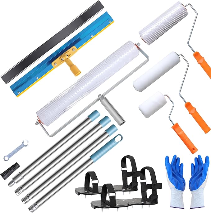 Self Leveling Cement Tool Kit- Epoxy Floor Tool Kit Includes Self-Leveling Rake, 2 Spiked Roller, 2 Flooring Construction Painter Roller, 16“-63” Telescopic Poles, Epoxy Spike Shoes and Gloves